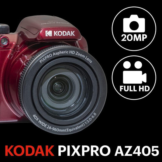 KODAK Pixpro Astro Zoom AZ405 Digital Camera Bridge, X40 Zoom, 24 mm Wide Angle, 20 Megapixels, LCD 3, Full HD 1080p Video, OIS, AA Battery - Red