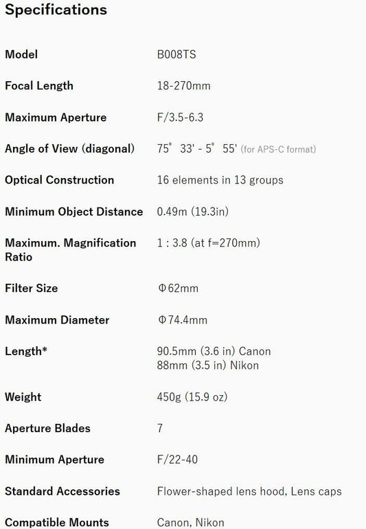 Tamron 18-270mm F/3.5-6.3 Di II VC PZD TS for Nikon APS-C DSLR Cameras